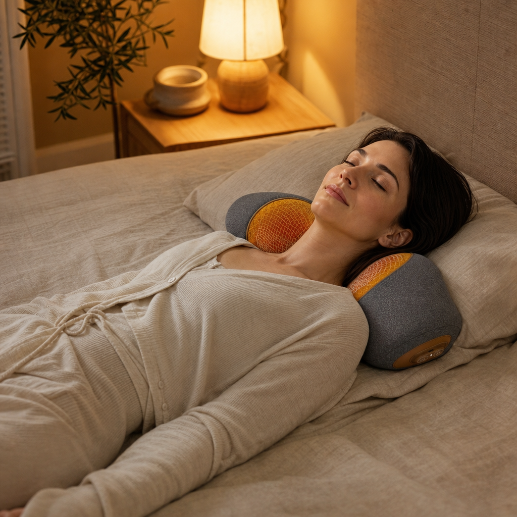 Mujer relajándose en la cama con la almohada cervical con calor